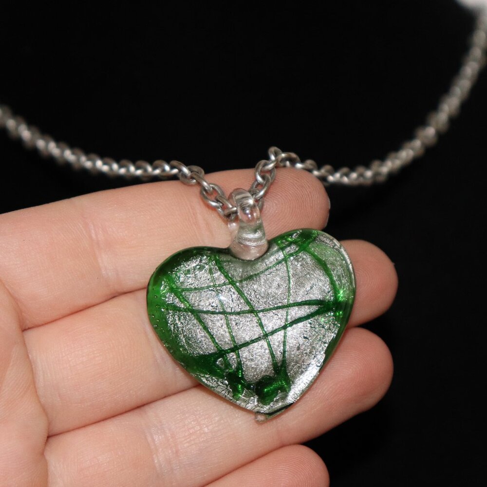Silver-Tone Necklace with Green Glass Heart Pendant – 18-21"